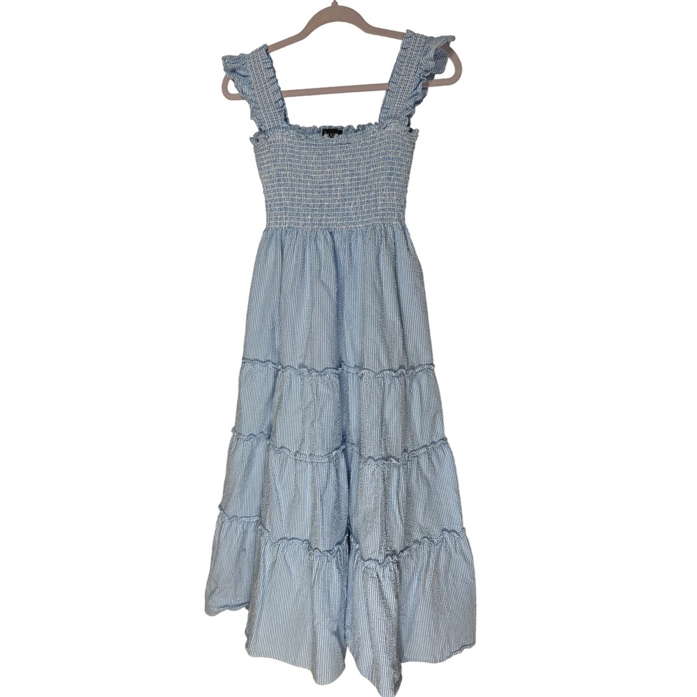 Kourt Calypso Tiered Dress Blue White Seersuckerโ Smocked Ruffle Straps Size L